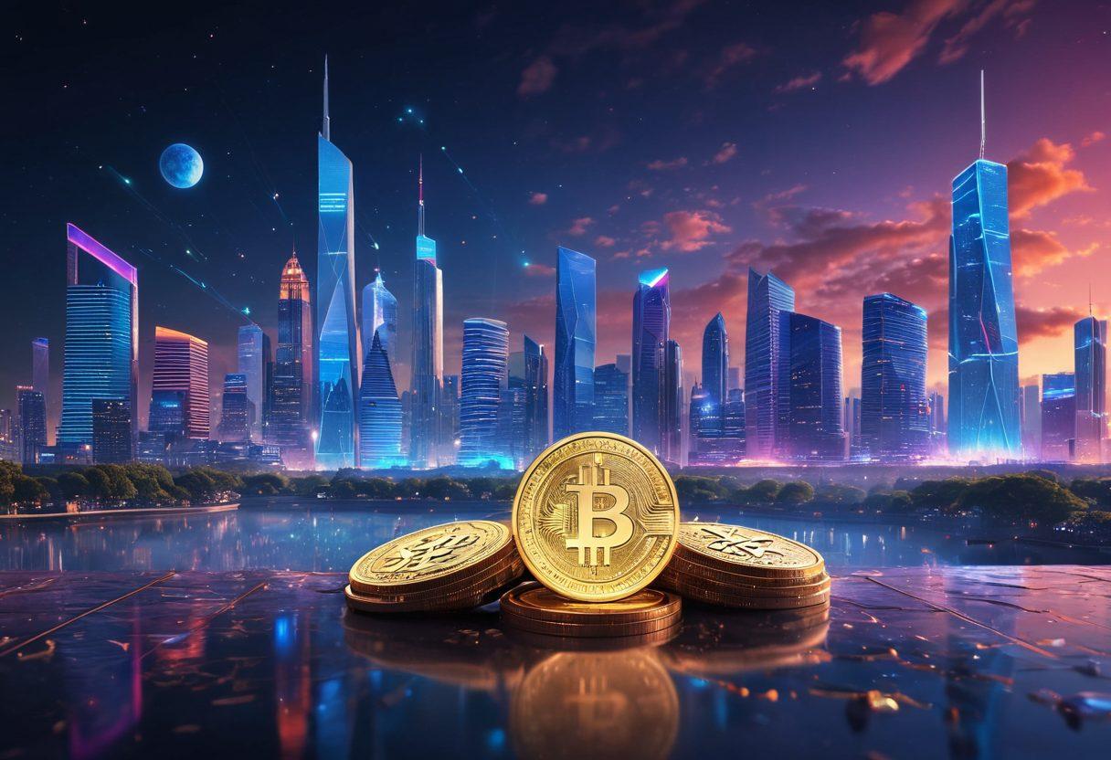 A futuristic landscape showcasing digital coins with the TrajanCoins logo floating above a vibrant city skyline, symbolizing the revolution in digital currency. Integrate elements of technology like blockchain motifs and graphs representing investment growth. The scene should evoke a sense of innovation and financial empowerment, under a bright and dynamic sky. super-realistic. vibrant colors. 3D.