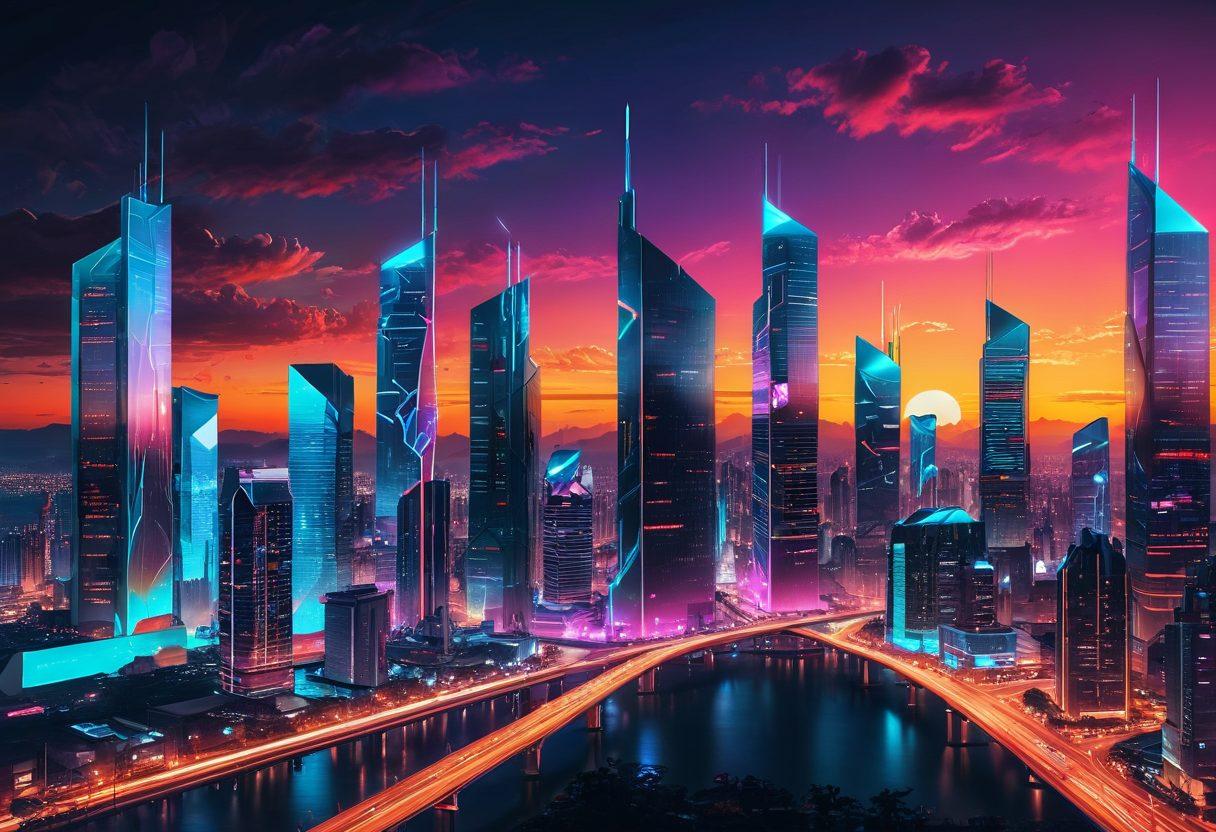 A futuristic city skyline with digital overlays showcasing blockchain technology, featuring vibrant smart contract symbols floating in the air. Include elements like diverse individuals collaborating with digital devices, representing asset management innovation. The atmosphere should reflect empowerment and modernization through bright and dynamic colors. super-realistic. vibrant colors. cyberpunk.