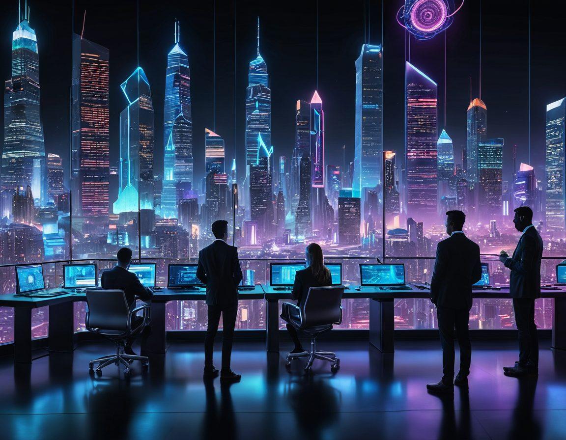 A futuristic landscape showcasing a digital city skyline illuminated by vibrant neon lights, representing the rise of cryptocurrency trading. In the foreground, a diverse group of investors analyzes holographic charts and TrajanCoins symbols, surrounded by coins and technology. The atmosphere is dynamic and ambitious, highlighting innovation in finance. vivid colors. cyberpunk style. high resolution.